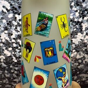 Colorful Lotería Themed frosted glass cup